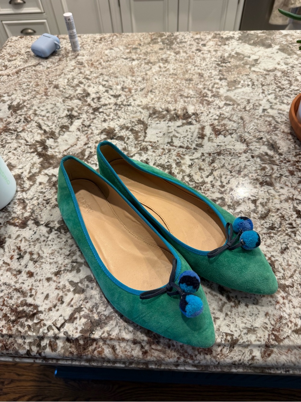 J-Crew Women's Teal Suede Pointed Toe Ballet Flats with Pom Pom Accent